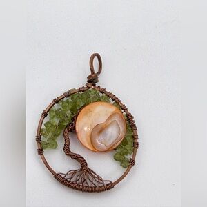 August Peridot Green Crystals Carnelian Bonsai Tree Of Life Copper Pendant